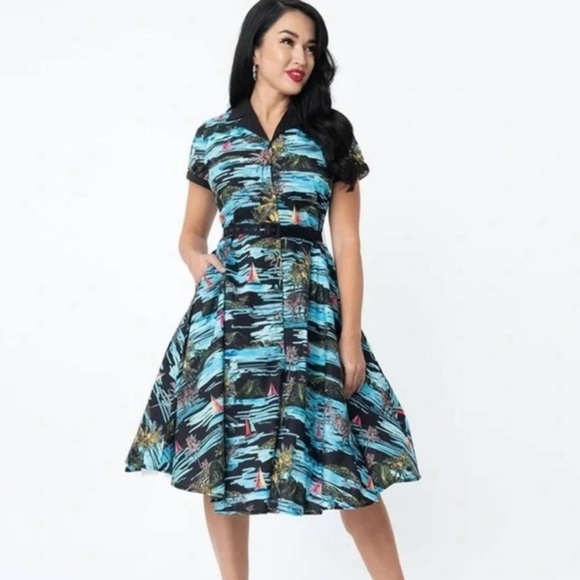 Unique Vintage Dresses & Skirts - Unique Vintage Black and Blue Tropical Sailboat Dress